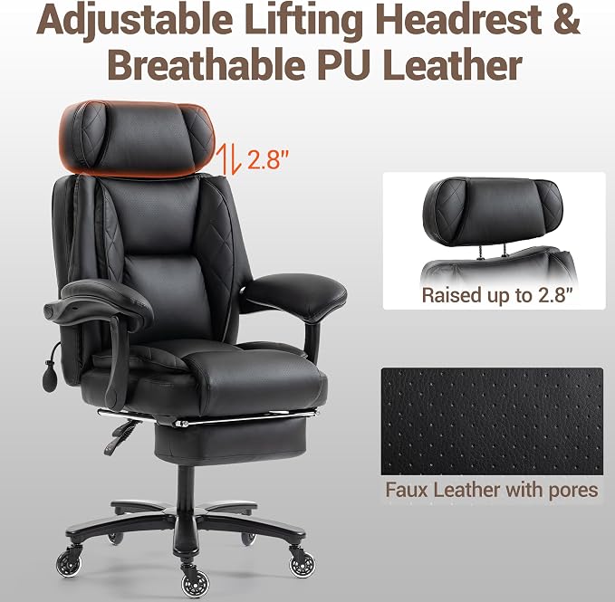 750 LBS Big and Tall Executive Home Office Chair w/Footrest, Black | PU leather, Built for Heavy People, Lumbar Airbag, High Back, Wide Seat, Reclining 90°-155°, Home Office Gaming Room