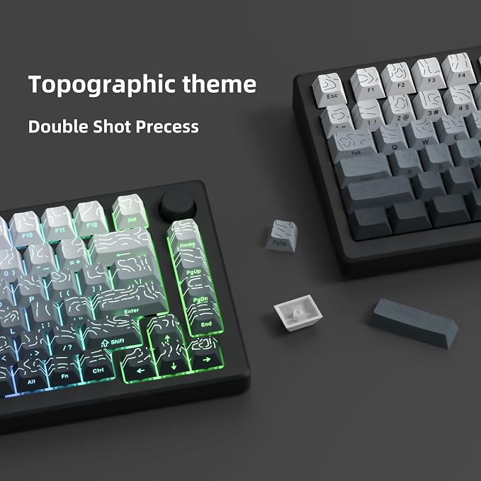 dagaladoo White/Grey Topographic keycap Sets Line Backlit Gradient keycaps Shine Through Keyboard Keys Side Printed Key caps Cherry Profile for 61/64/66/68/71/75/84/87 Mechanical Keyboards