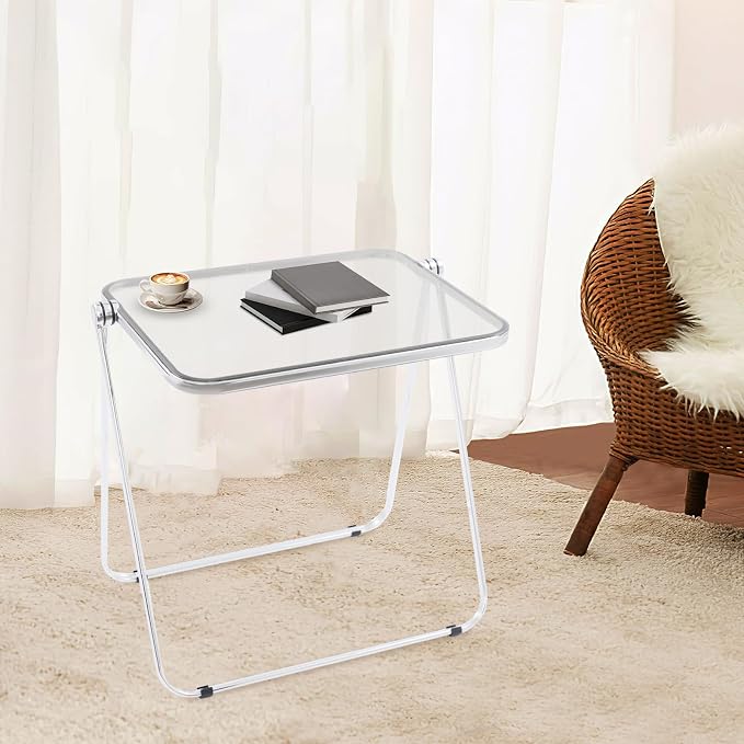 Acrylic Folding TV Tray Table, Small Portable Square Laptop Desk, End Side Table Modern Square Table for Home Office, No Assembly Space-Saving Side Table with Metal Frame (Grey)