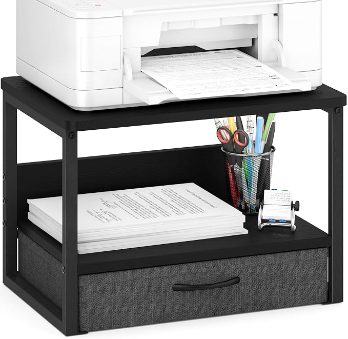 MARTY Desktop Printer Stand with Storage Drawer, Printer Riser for Desk | 2 Tier Printer Shelf, Small Printer Table for Home Office, for Fax Machine Copier Scanner, Desk Organizer, 17.1"x12.4", Black
