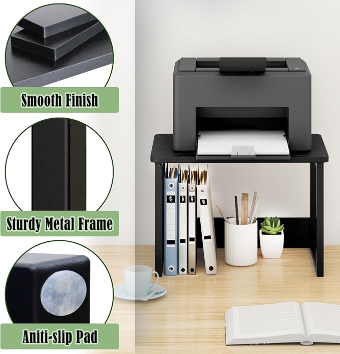 MARTY Printer Stand for Desk, Desktop Shelf Printer Riser for Home Office | Desktop Printer Stand, 17.1"x12.4", Printer Shelf, Small Printer Table for Fax Machine Copier Scanner, Desk Organizer, Black