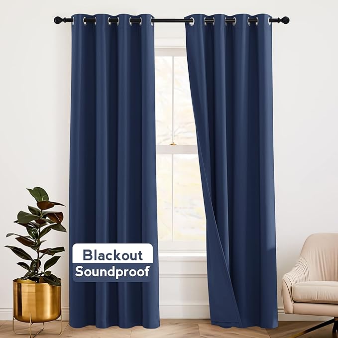 RYB HOME 3-in-1 Soundproof Curtains with Detachable Felt Liner, 100% Blackout Thermal Insulated Living Room Curtains, Draft Block Drapes for Living Room, Navy Blue, W52 x L90 in, 1 Pair