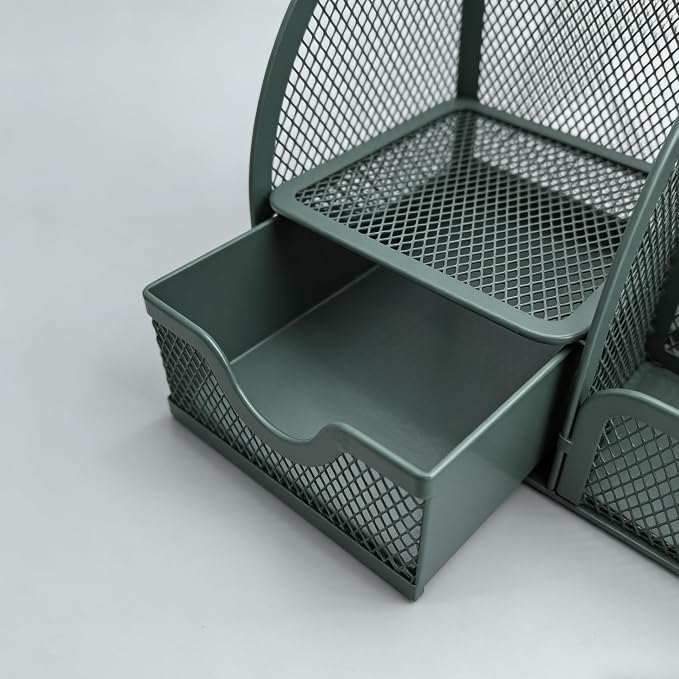 Fengtaiyuan T20, Forest Green Metal Mesh Desk Organizer with Drawer, 8.66x5.12x5.51 inch Multi-functional Desktop Storage Caddy for Office, School, Art Supplies (T20)