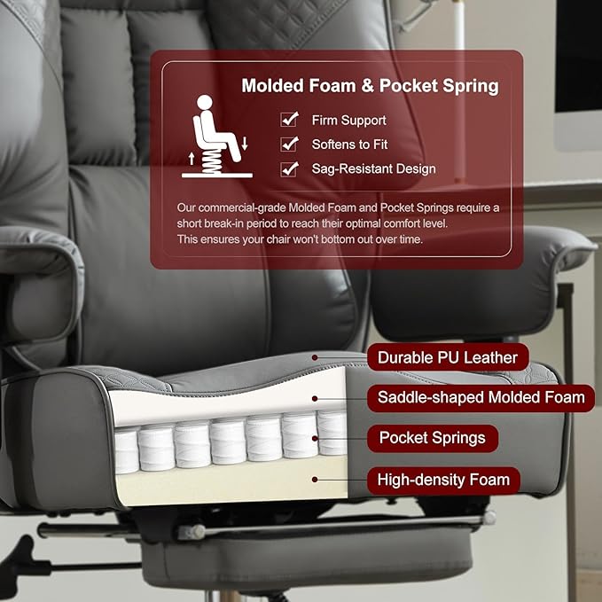 Big and Tall Office Chair 400lbs Wide Seat, Leather High Back Executive Office Chair with Foot Rest, Ergonomic Chairs Lumbar Support for Lower Back Pain Relief (Grey)