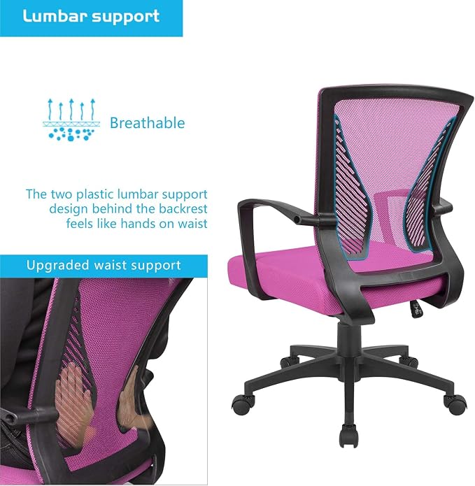 Furmax Office Chair Ergonomic Computer Desk Mesh Chair Mid Back Swivel Lumbar Support with Armrest (2, Pink)