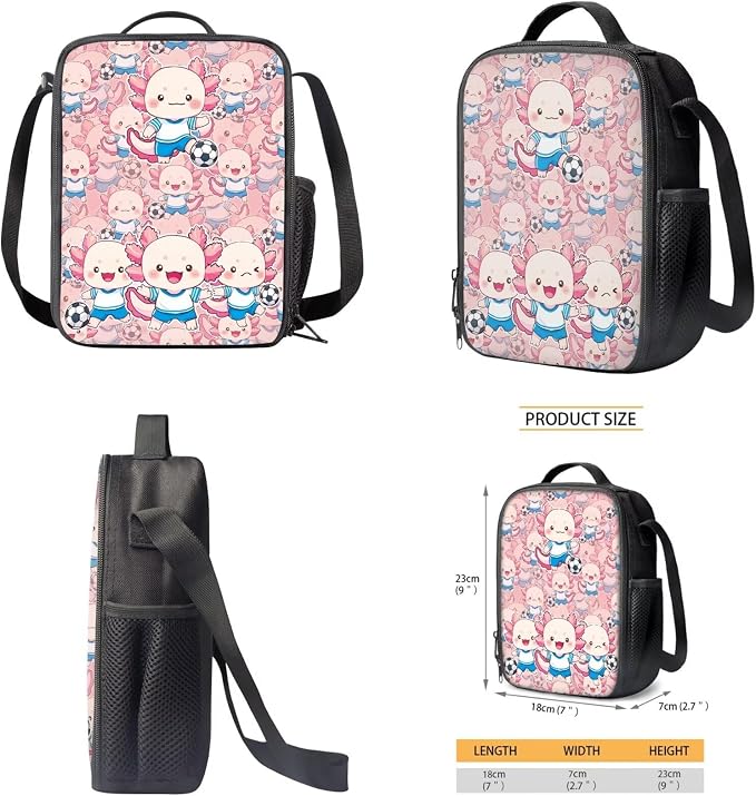 WELLFLYHOM 4Pcs Soccer Axolotl School Backpack for Girls 6-8 Cute Book Bag | Pink Bookbag Kids Schoolbag with Lunchbox Pencil Case Water Bottle Sleeve Girls School Back Pack