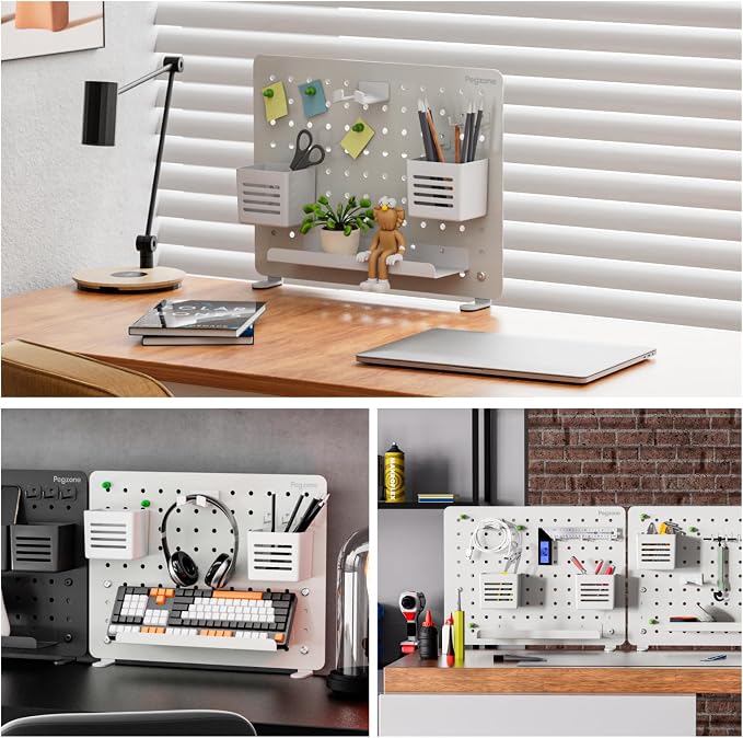 PEGZONE Clamp-on Desk Pegboard, Desk Organizer for Office Gaming Home, Magnetic Metal Peg Board with 10 Accessories, Privacy Panel, 16.5" x 12.6", Medium, White
