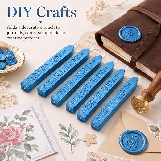 6 Pieces Sealing Wax Sticks with Wicks for Letter Seal Wax Stamp,Wedding Invitations, Packaging Decoration,Christmas Gift Ideas (Blue)