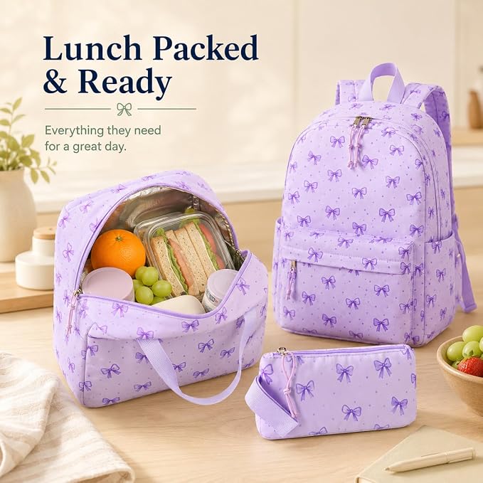 Bluboon Teen Girls School Backpack Kids Bookbag Set with Lunch Box Pencil Case Travel Laptop Backpack Casual Daypacks (Beige bow tie)