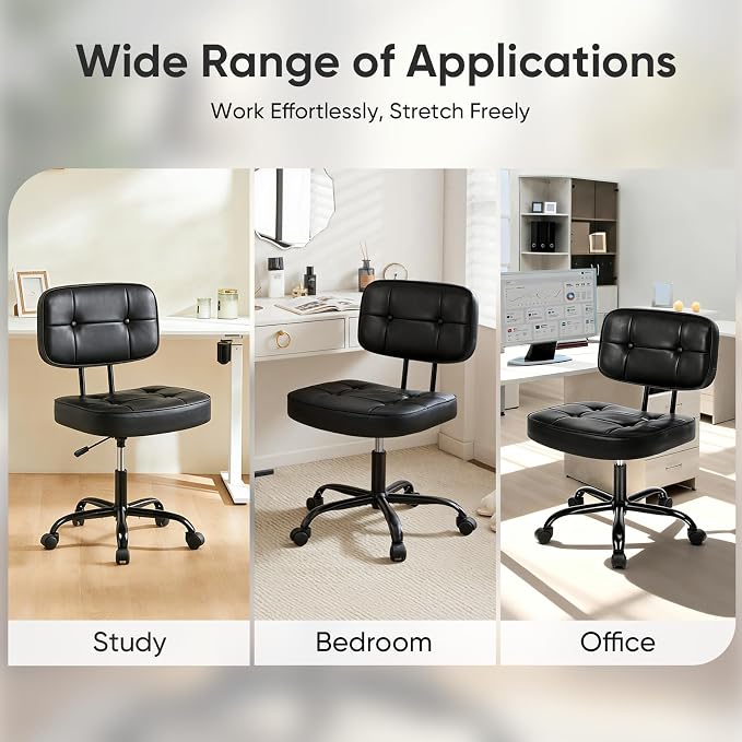 DUMOS Armless Office Desk Chair, Small Vanity Chair with Lumbar Support | PU Leather, 360° Rolling Swivel, Height Adjustable, Fit Computer Task, Bedroom Living Room, Black