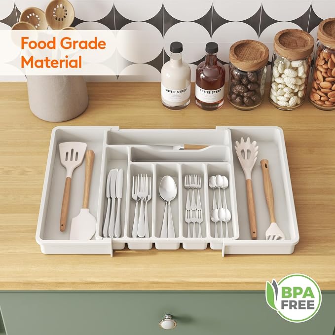 Lifewit Utensil Organizer for Kitchen Drawer, Expandable Cooking Silverware Tray, Adjustable Cutlery Flatware Holder, Plastic Spatula Tools Storage Divider, 13-22.4 x 15", White