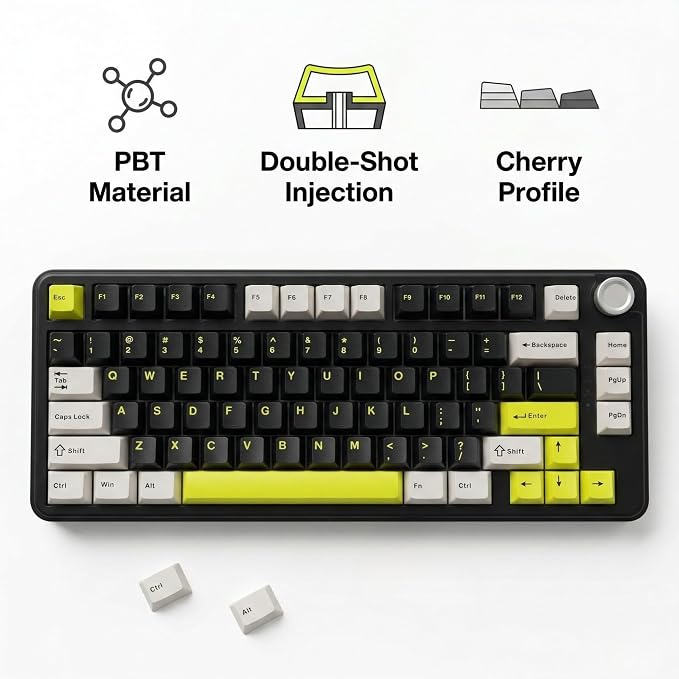 130 Keys Black Grey Yellow PBT Keycaps, Double Shot Cherry Profile Keycap Set, Custom Mechanical Keyboard Keycaps for 60% 65% 75% 87% 100% ANSI Layout，Cherry Mx Switches