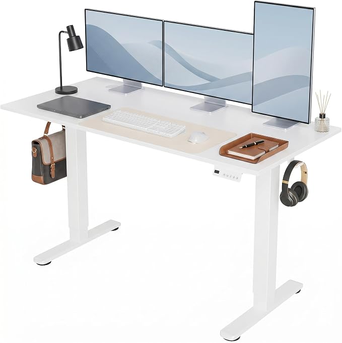 Claiks Electric Standing Desk 55x24 Inch Adjustable Desk, White | 156lbs weight capacity, 3 memory presets, industrial steel frame, cable management hub, adjustable height , easy assembly