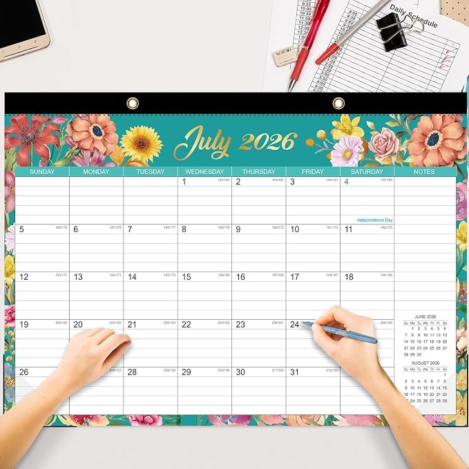 Desk Calendar 2026-2027 - 18 Month Desk Calendar july 2026-2027 Dec, 17" x 12", Large Monthly Desktop Calendar with Plastic Cover, Thick Paper, Corner Protectors - Floral (2 Stickers Included)