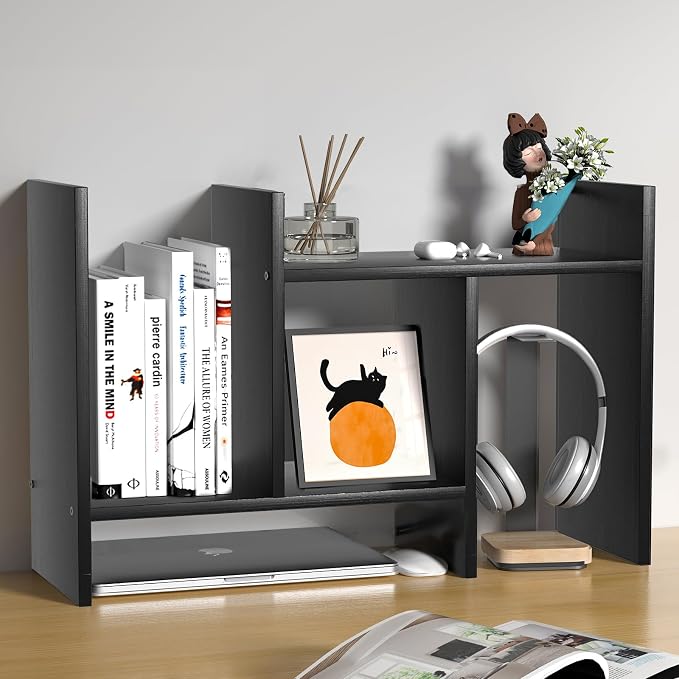 Desk Shelves Wood Desktop Orgnizer Shelf.Office Organization for Top of Desk Organizers and Accessories Bookshelf Shelving,Adjustable Tier H-Shape Mini Bookcase(Black)