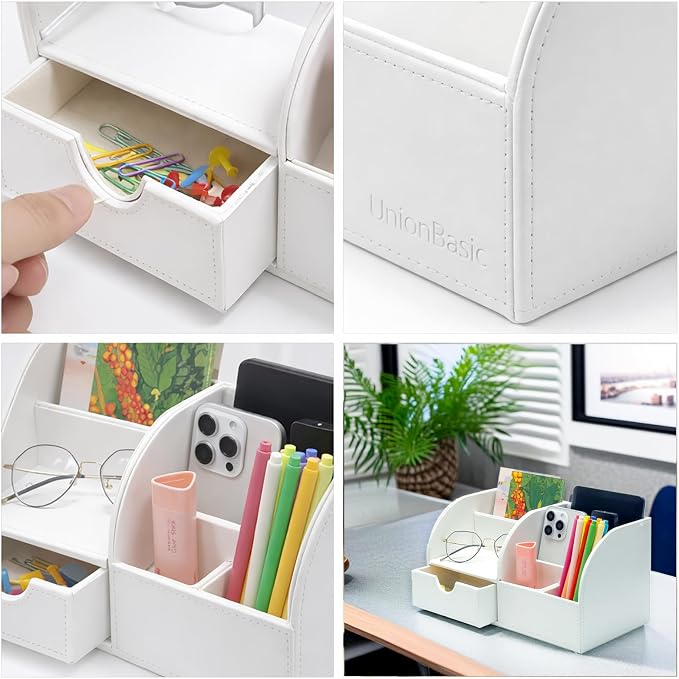 UnionBasic Desk Organizer - Multifunctional Leather Desktop Pen Holder Storage Box - Business Card/Pen/Pencil/Mobile Phone/Stationery Holder, White