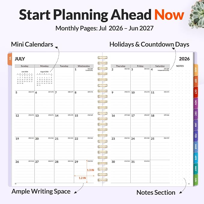 SUNEE Academic Planner 2026-2027 – Weekly & Monthly Planner, July 2026 to June 2027, 6.4"x8.3", Thick Paper, Tabs, Pockets, Bookmark, Spiral-Bound, Student Teacher Organizer, Purple