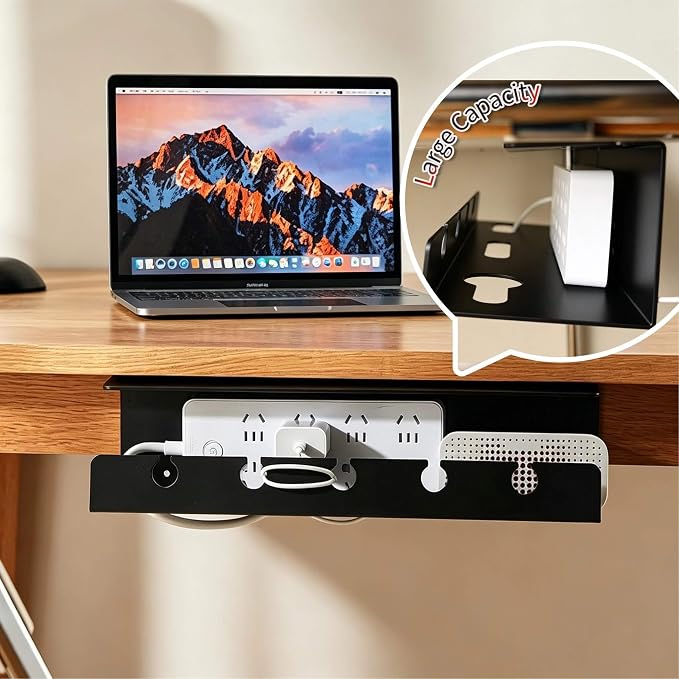 Ovanmexis Under Desk Cable Management Tray, White, 2-Pack | Quick-Release Mount, Snap-On Tool-Free, Includes Magnetic Cable Clips & Straps, No Drill Hidden Base