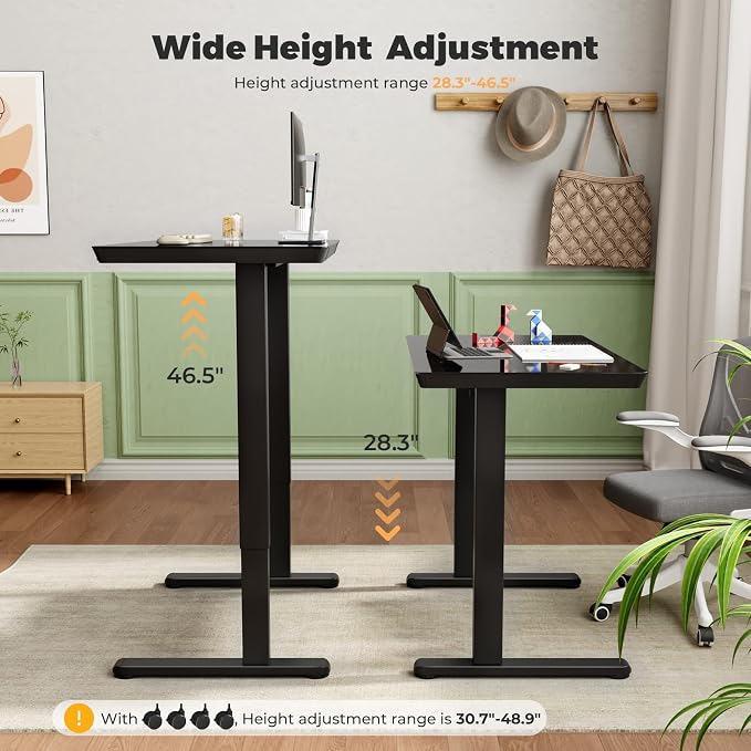 Glass Electric Standing Desk with Drawer, 35" x 20" Whole Piece Tabletop Samll Sit Stand Table, Height Adjustable Workstation with Storage & USB Ports, Quick Install Home Office Desk