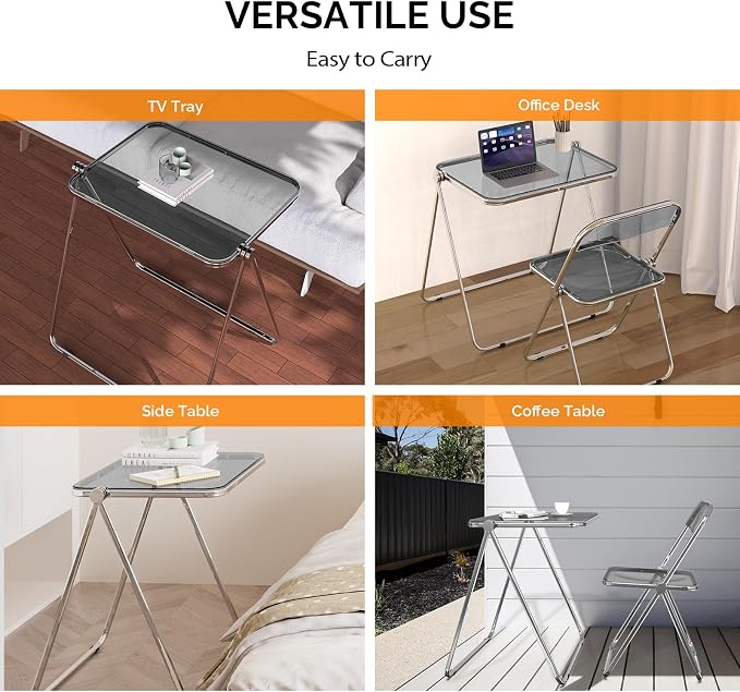 VINGLI Folding Acrylic Table and Chair Set Small TV Tray for Snack Dinner on Couch, Tiny Foldable Desk Writing Desk for Home Office for Small Spaces (Grey)
