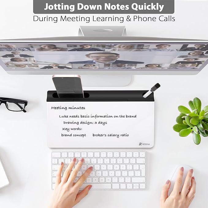 Varhomax Small Glass Desk Whiteboard, Dry Erase Desktop White Board with Storage Caddy to-do List Desk Buddy Memo Notepad for Office, School and Home Office Accessories Supplies (Black & White)