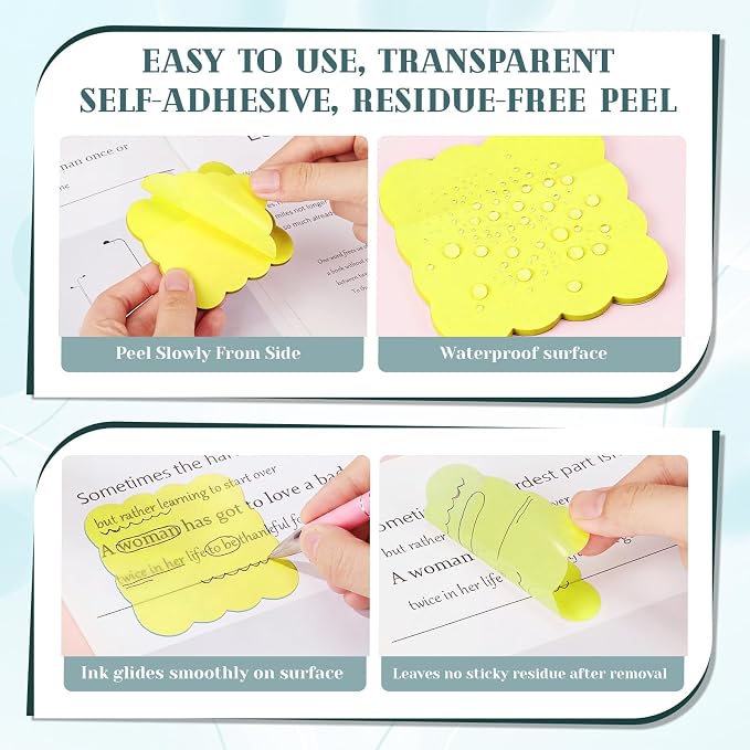 Eaasty 400 Sheets Transparent Sticky Notes 2.8x2.8 Clear Scalloped Sticky Notes 8 Pads Cute Wavy Translucent Pads Waterproof See Through Note for Bible Study Annotation School Office(Bright Colors)