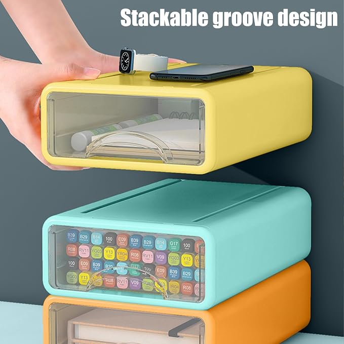 Desk Organizer with Drawers, Stackable Storage Drawers with Compartments Desktop Organization for Office Supplies, Makeup, Pencils, Tape, Erasers, Paperclips, Chargers (2S1M)