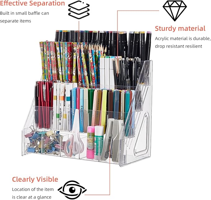Acrylic Pen Pencil Holder for Desk With 20 Compartment Desk Organizers and Accessories,Durable Material Can Hold Pen Brush Cosmetic Scissor Clip Tape staplers Fit Home Office School(4 Tier)