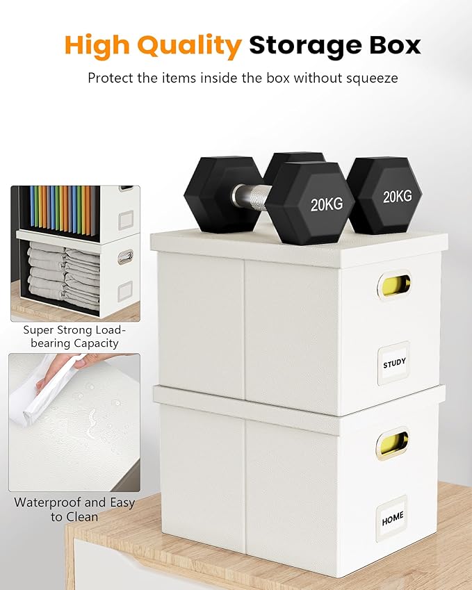 2 Pack File Storage Organizer, Portable File Box with Lid, Fit for Letter/Legal File Folder Storage, White (Leather) - Box only