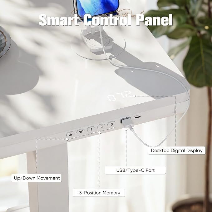 YESHOMY Electric Standing Desk with Tempered Glass Top, 55.1" Height Adjustable Desk with Partitioned Drawer & USB/Type-C Ports, Sit Stand Desk for Home Office, White