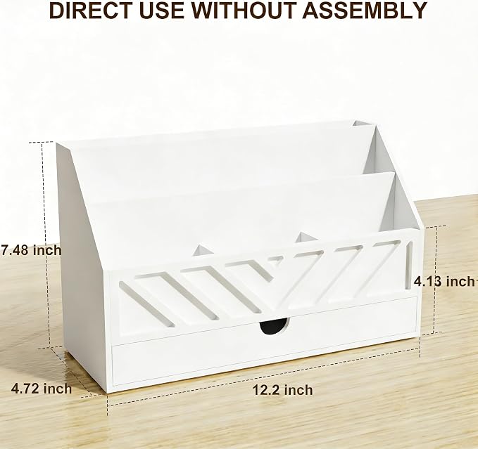 SRIWATANA White Desk Mail Organizer with Drawer, 5 Slot Countertop Sorter | Pull-out Drawer Storage, 5 Compartment Mail Sorter, Holds Letters Bills Envelopes Receipts, for Home Office