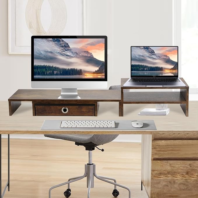 Monitor Riser for 3 Monitors, Angle Adjustable Monitor Stand with Drawer | Dual Monitor Stand for Desk, Dual Monitor Stand with Storage, Wooden Extra Long Triple Monitor Riser up to 52", Rustic Brown
