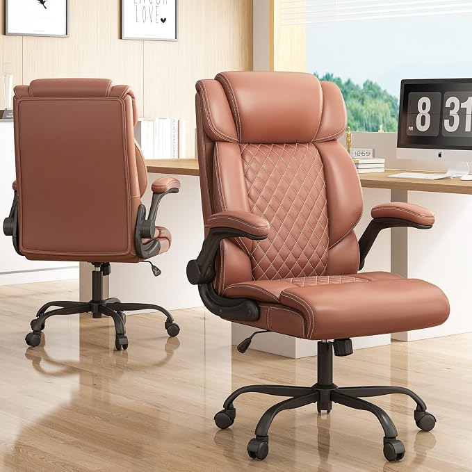 Office Chair-Executive High Back Breathable Comfy Desk Chair with Flip-up Armrests Lumbar Support-Ergonomic Leather Rolling Swivel Chair with Rock Function for Working,2 Pack