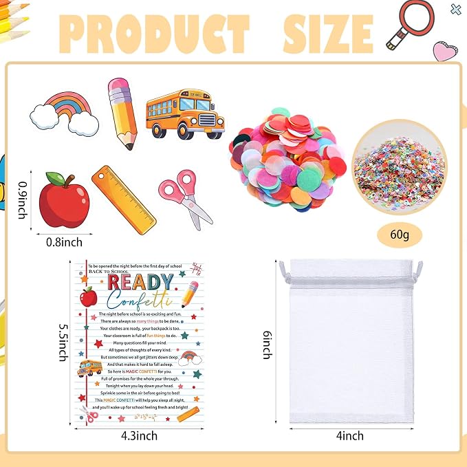 AmazingSpark 24 Sets Ready Confetti Back to School Supplies Magic Jitter Glitter with Poem Cards Organza Bags First Day of School Confetti Anxiety Relief Favor Gifts for Teachers(Cute)