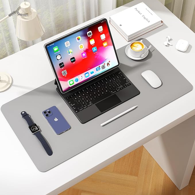 Leather Desk Pad Protector, Waterproof Mouse Pad, PU Desk Mat, Office Desk Cover, Desk Writing Mat for Office/Home/Work/Cubicle (Light Gray) 35.4x17 in