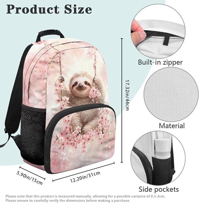 Cute Sloth Backpack for Kids Girls Elementary School 4PCS Set, 17 Inches Cherry Blossoms Bookbag with Lunch Box for Kids Age 6-8 Back to School, 1st 2nd 3rd Grade