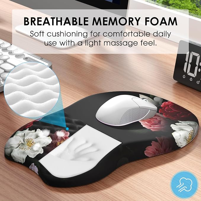 MROCO Ergonomic Mouse Pad with Wrist Support, 11.8 x 7.8 in, Black Flower | Memory Foam Wrist Rest Mouse Pad, Non-Slip Base, Smooth Lycra Surface for Office & Home, Comfortable Wrist Support