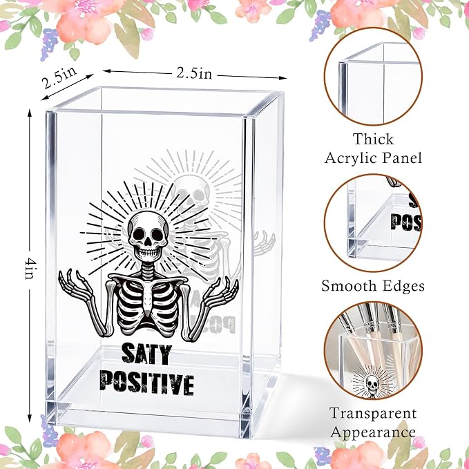 Skeleton Acrylic Pen Holder Cup, Stay Positive Funny Desk Decor, Goth Pencil Holder Organizer, Skull Office Accessories, Cute Coworker Gift for Women Men