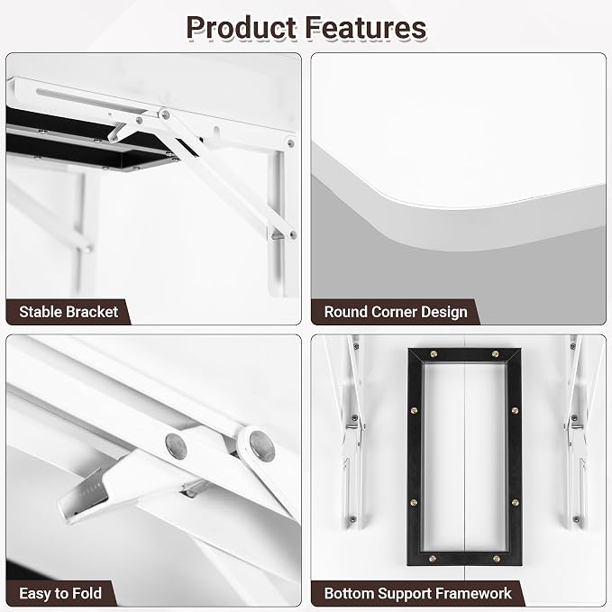 Neoaider Wall Mounted Folding Desk 23.6” x 15.7”, Drop Down Table with Metal Collapsible Brackets, Folding Wall Table for Small Spaces, Home, Office, Kitchen, Laundry Room-White