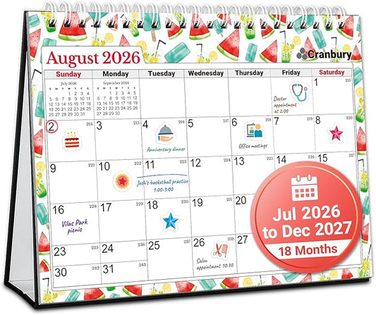 CRANBURY Small Desk Calendar 2026-2027 Standing Flip, 8" x 6", July 2026 to Dec 2027, Desktop Calendar with Stickers, Academic Year, Personal Desk Planner for School & Office