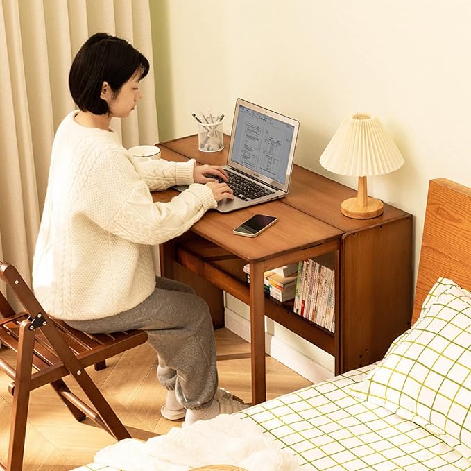 Modern Folding Computer Desk, Walnut Bamboo, 31 Inch, Space Saving, 1 Shelf