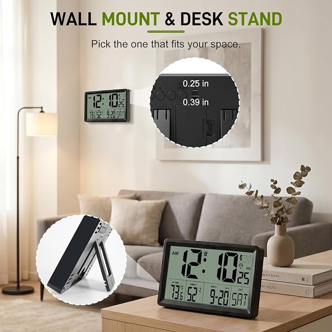 Atomic Clock Alarm Clock with Backlight, 8.7″ Battery Powered Clock Auto DST Self-Setting, Digital Wall Clock with Indoor Temperature Humidity, Snooze for Bedroom Office