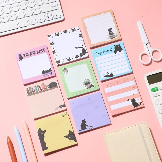 9 Pads Cute Sticky Notes Cartoon Self Stick Notepads 3x3 Inches Notes Adhesive Memo Pad Office Decor Gifts for Students School Teacher Office Meeting(Black Cat)