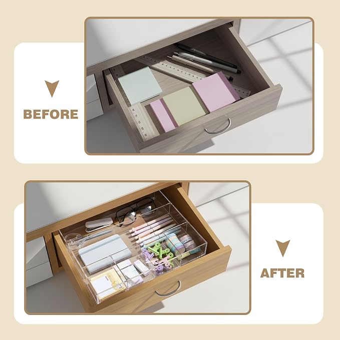 Large Acrylic Desk Deep Drawer Organizer with Adjustable Dividers, Anti-skip Clear Desk Top Junk Drawer Storage Tray for Pens, Desktop, Office, Bathroom, Kitchen, Makeup Supplies(6 Compartments)