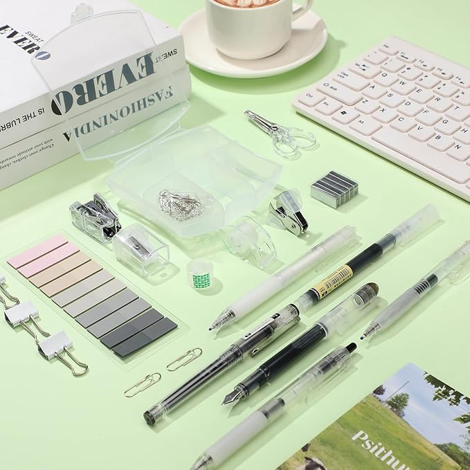 Colarr Mini Office Supply Kit Include Stapler Tape Dispenser Staple Remover Paper Clip Scissor Staple Pen Sharpener Note Small Telescopic Knife for Office Back to School Supplies Student Clerk(Clear)