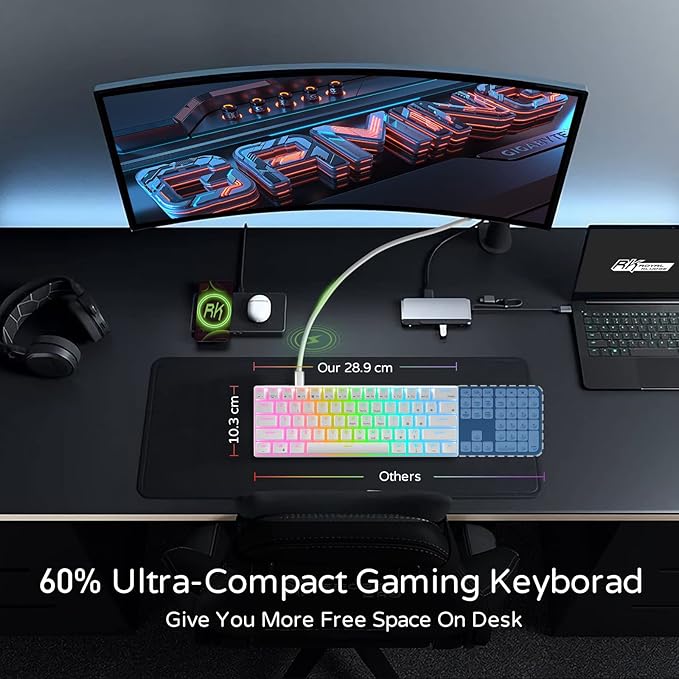 RK ROYAL KLUDGE RK61 Wired 60% Mechanical Gaming Keyboard, Compact PC Game Keyboards with QMK/VIA Programmable RGB Backlit, Hot Swappable Custom Keyboard for Win/Mac, Pre-lubed Red Switch, White