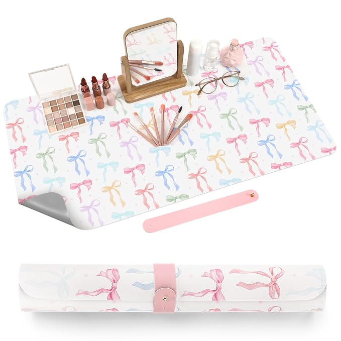 Teenyyou Coquette Bow Makeup Mat for Vanity Top Protector Back to School Gift 31.5" X15.7" Dual Side Leather Desk Mouse Pad Girly Waterproof Nonstick Dressing Vanity Cover for Women Home Office