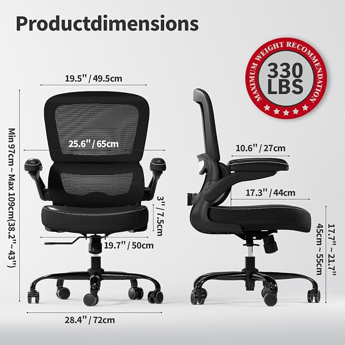 TRALT Ergonomic Office Chair - Desk Chair with Adjustable Headrest Lumbar Support Computer Chair - Mesh Comfy Chair with Flip-up Armrests - Gaming Chair for Adults Home Office PU, Black, Pack of 4