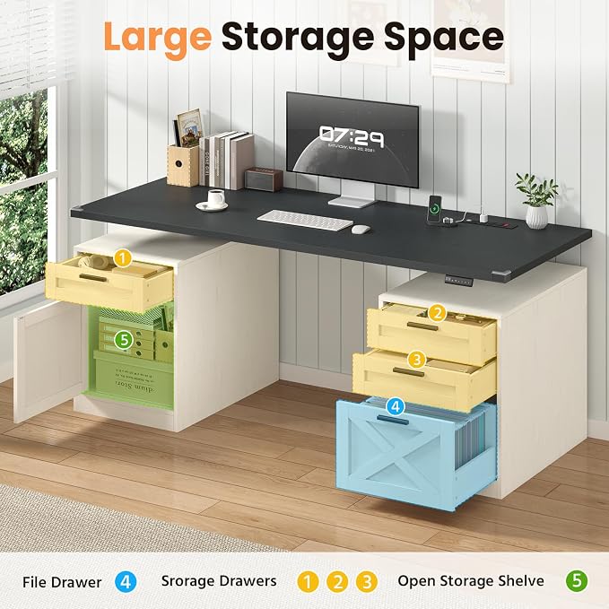 YOMILUVE 60" Farmhouse Electric Standing Desk with Drawers for Home Office | Height Adjustable Computer Desk with 4 Drawers & Storage Shelves, Wood Sit Stand Desk with Power Outlets for Work, Study