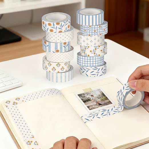12 Rolls Watercolor Floral Washi Tape Set 15 mm Vintage Flower Decorative Masking Tape for Summer School Arts DIY Craft Scrapbook Journal Supplies Gifts(Beige and Blue,Floral Plaid)